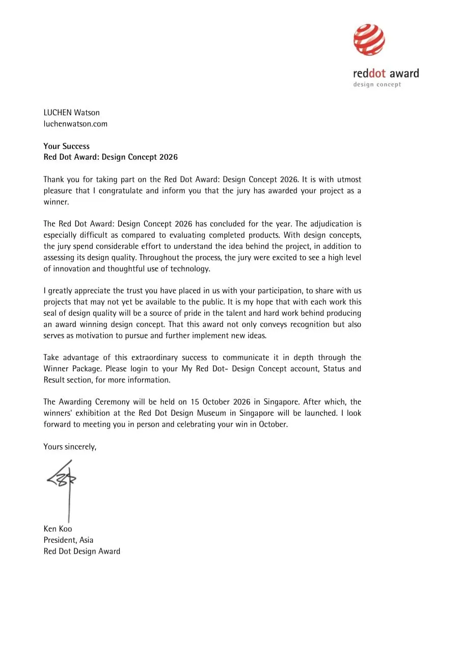 LUCHEN Watson Red Dot Design Concept 2026 award letter for the Luxes external AI booster